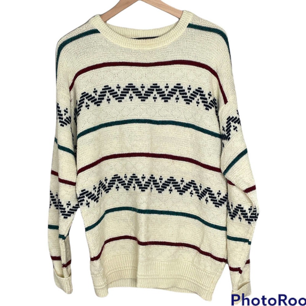 VTG LOAFERS Oversized Knit Sweater M Mens Womens Green Blue Cream